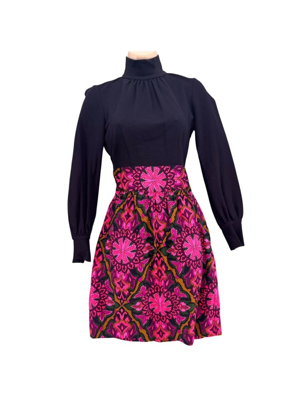 Milly Silk Floral Dress Navy Pink Long Sleeve Belted Fit Flare Knee Length Sz 0